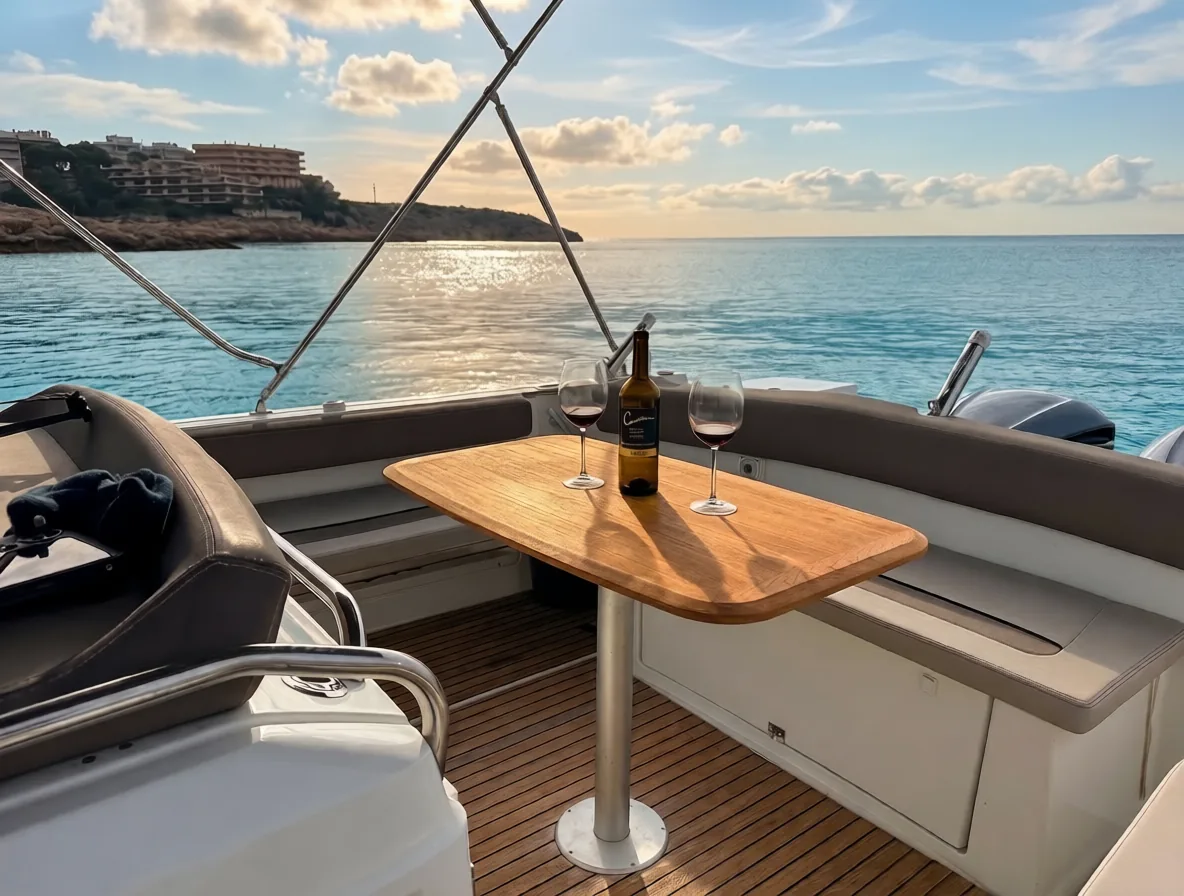 Sunset en charter en Salou · mesa de cubierta con copas y atardecer en cala del Cabo
