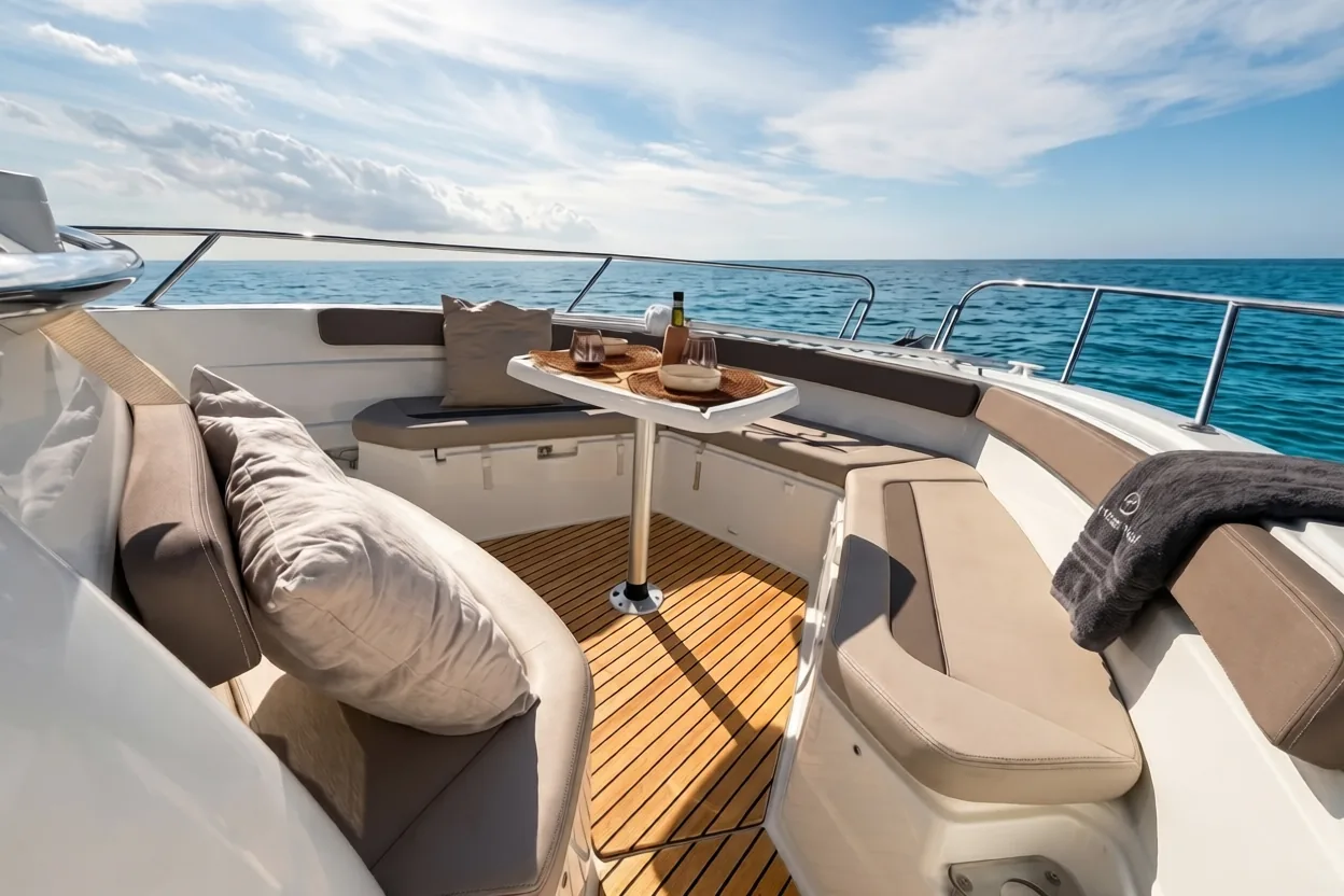 Charter náutico Salou · cubierta de proa del Jeanneau Cap Camarat con cojines y mesa de teca