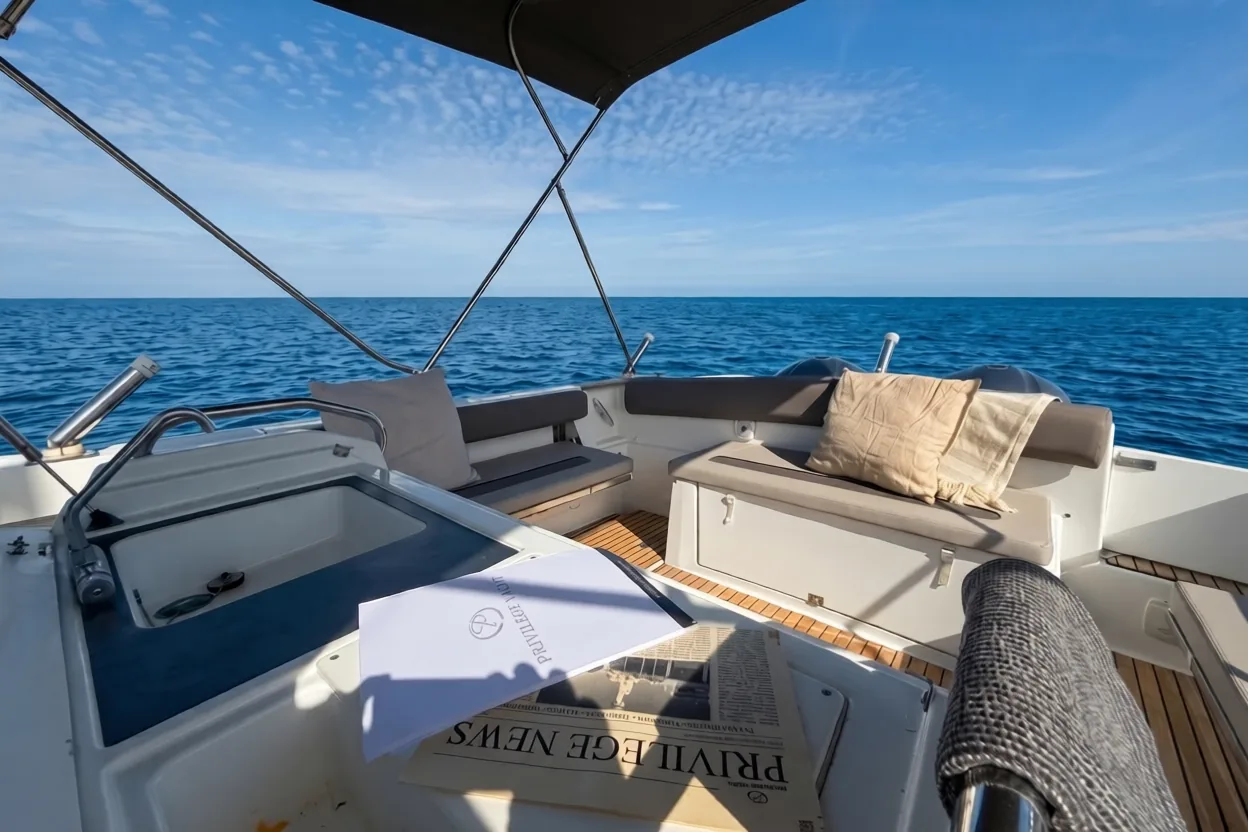 Charter Costa Dorada · popa del barco navegando con bimini frente al Cabo de Salou
