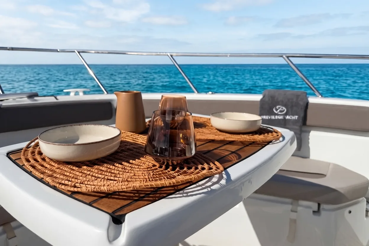 Almuerzo a bordo en charter privado Salou · mesa de cubierta del Jeanneau Cap Camarat